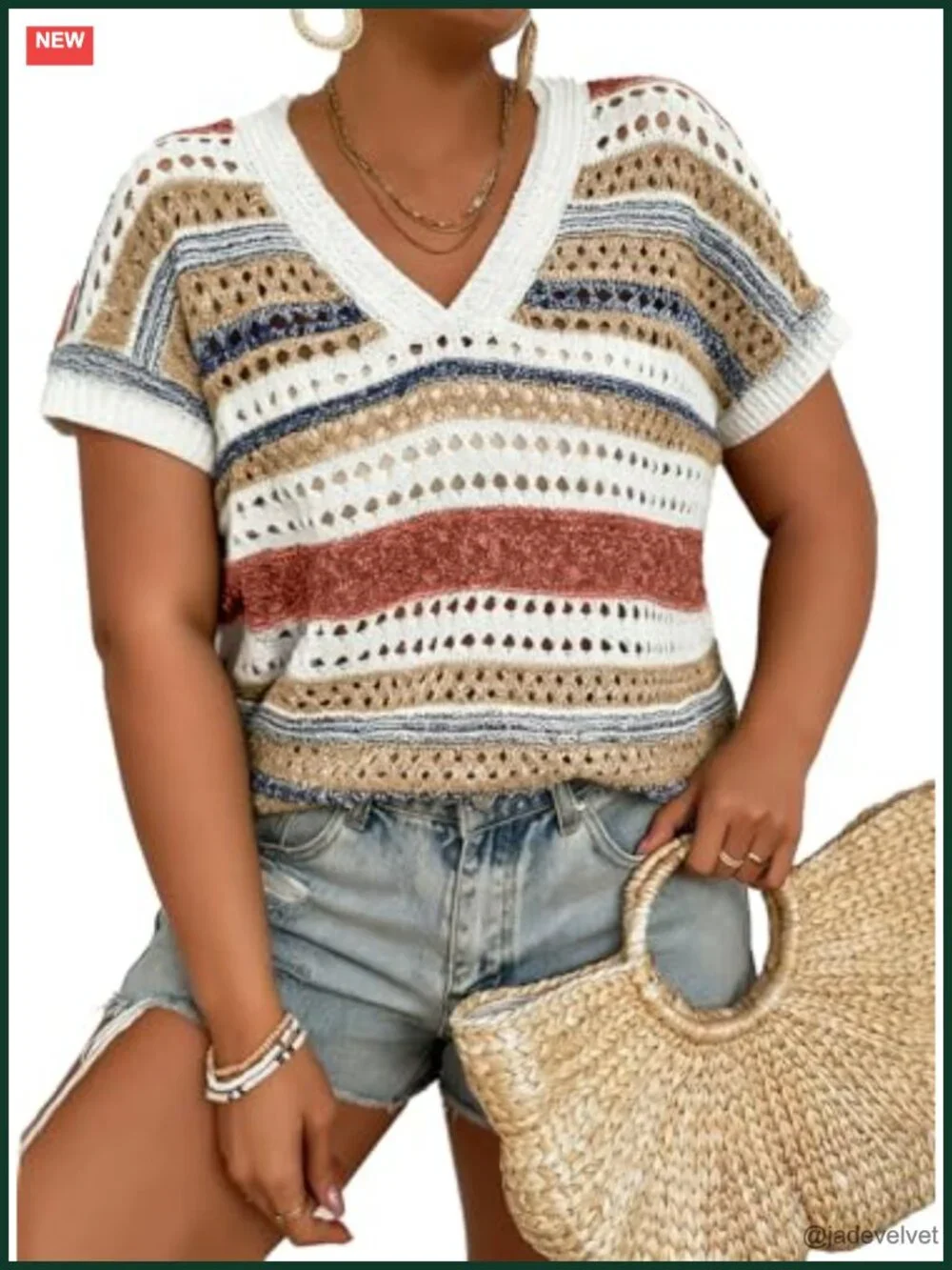 Plus Size Striped V Neck Short Sleeve Hollow Out Crochet Knit Sweater Cover Up